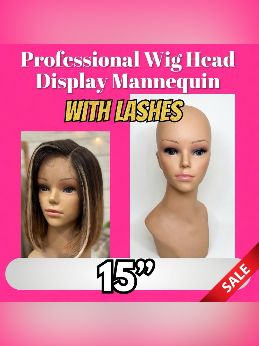 Professional Wig Head with LASHES Stand 15” - Wig Display Head With Stand Hole